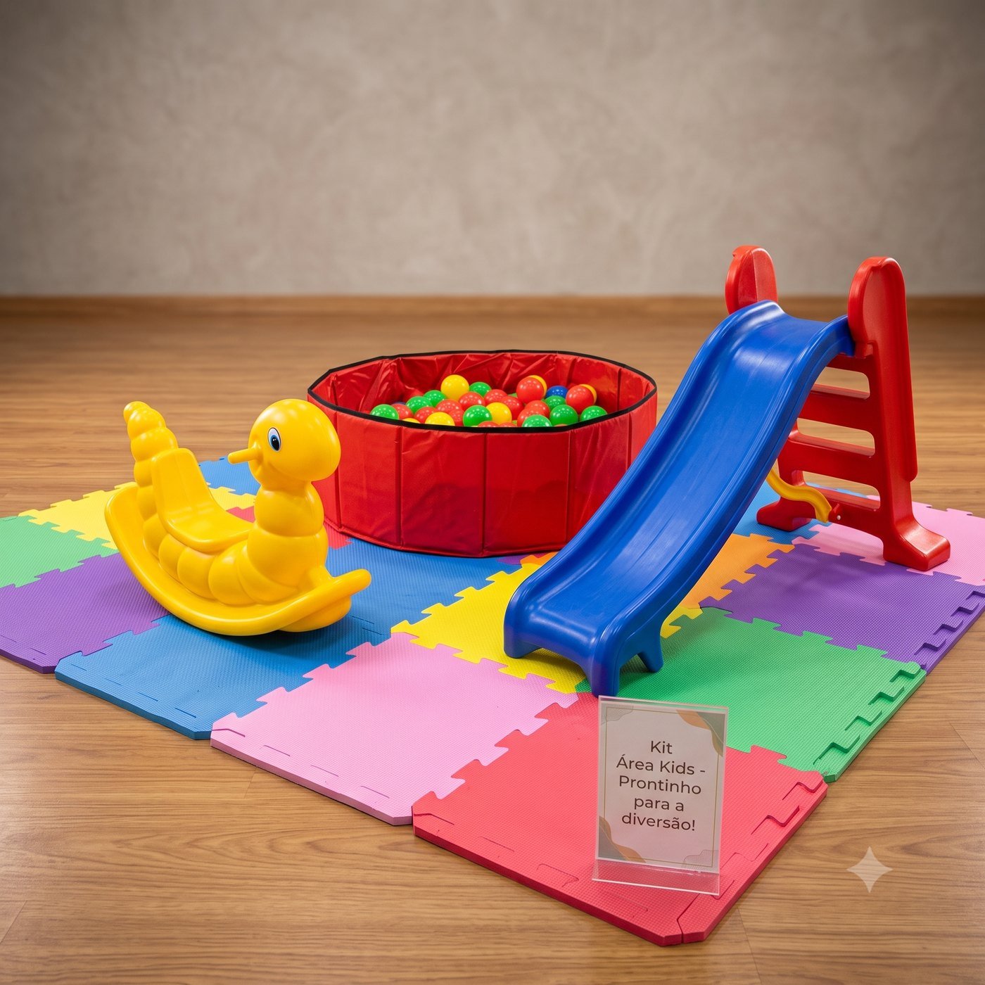 Kit Área Kids montado - escorregador, gangorra, mini piscina e tatame